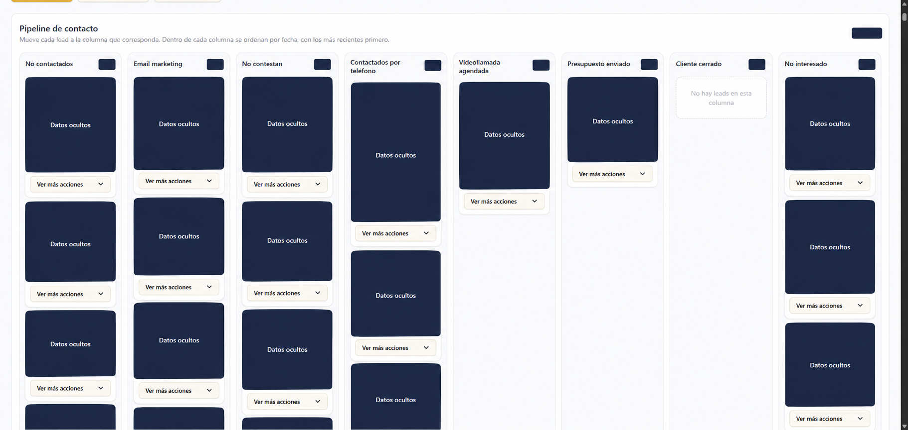 Vista del pipeline del CRM de Talent Fusión Digital con las fichas y los recuentos ocultos.
